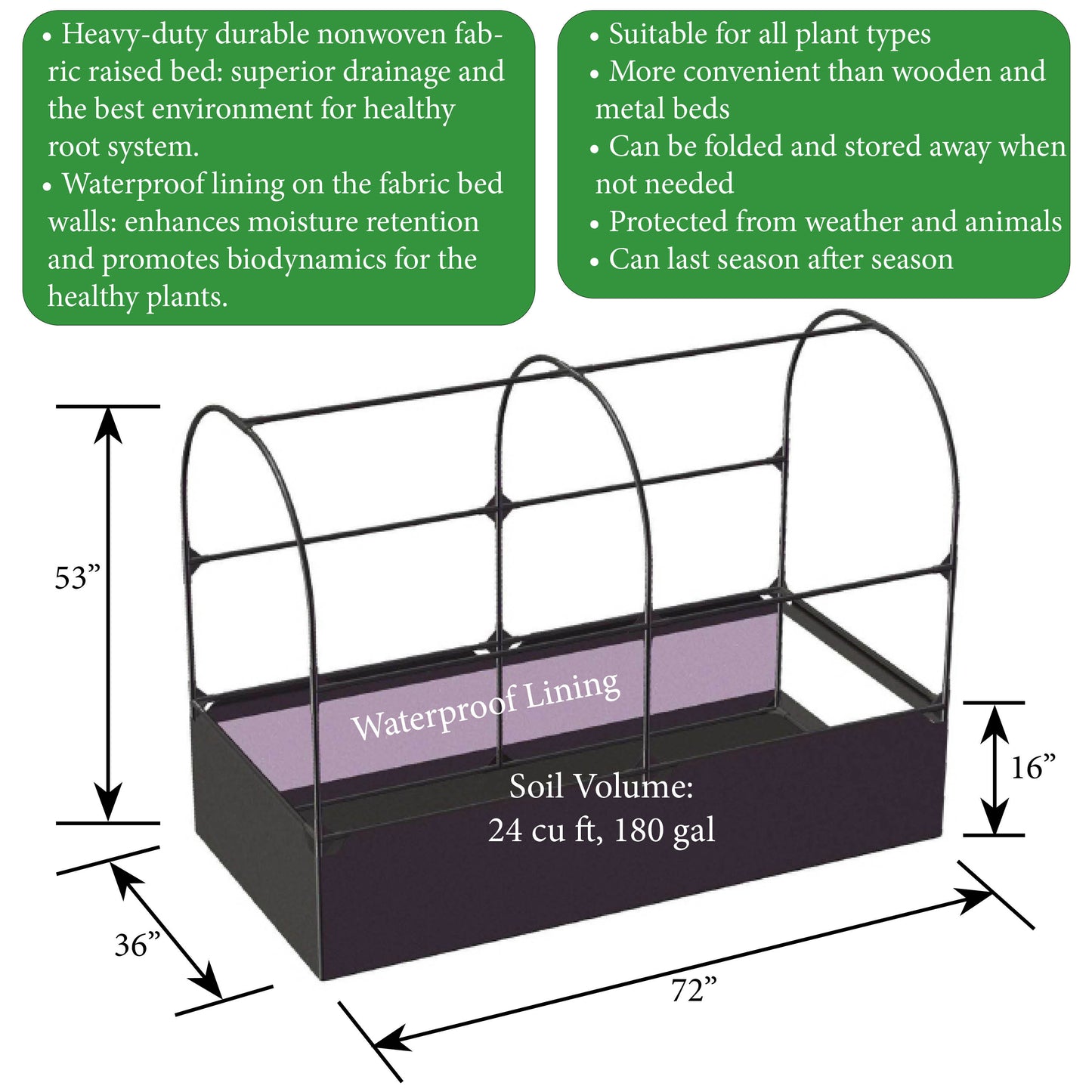 3-in-1 Garden System: Raised Fabric Bed + Greenhouse + Protective Net 36” x 72” x 53”