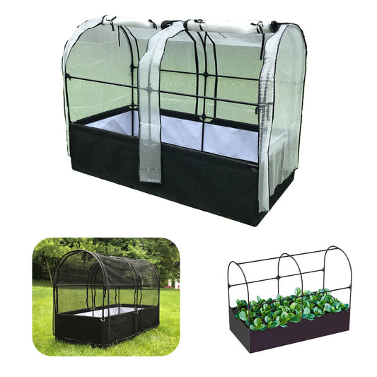 Three setups for the 3-in-1 garden system: with greenhouse cover, with protective net, without the greenhouse cover or protective net.