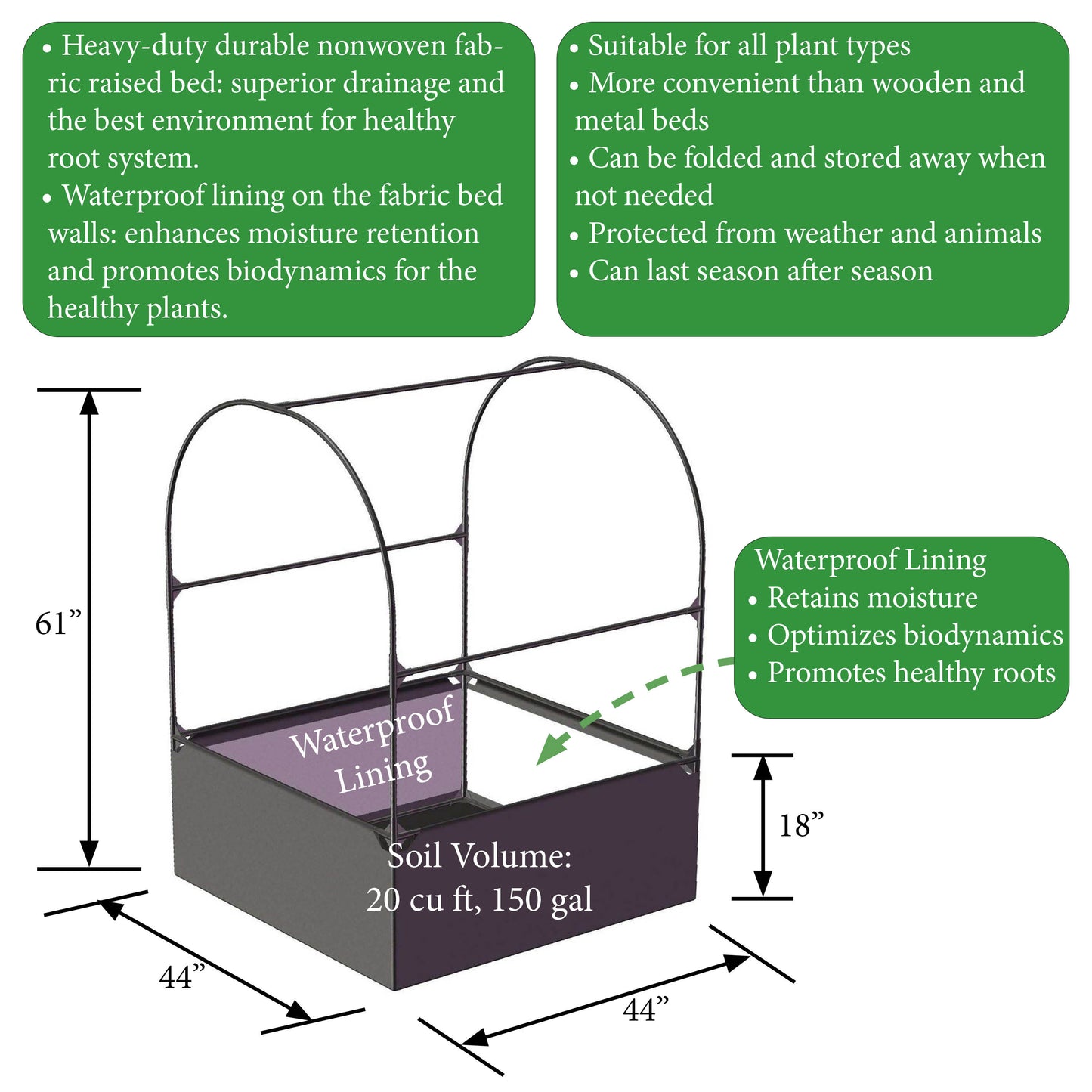 3-in-1 Garden System: Raised Fabric Bed + Greenhouse + Protective Net 44” x 44” x 61”