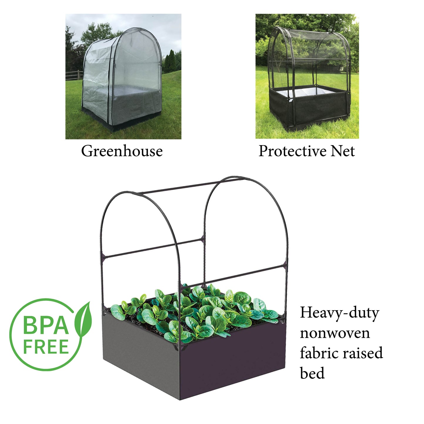 3-in-1 Garden System: Raised Fabric Bed + Greenhouse + Protective Net 44” x 44” x 61”